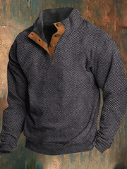 Vintage Herringbone Print Collar Button Sweatshirt