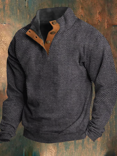 Vintage Herringbone Print Collar Button Sweatshirt