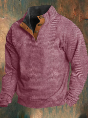 Vintage Herringbone Print Collar Button Sweatshirt