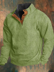 Vintage Herringbone Print Collar Button Sweatshirt