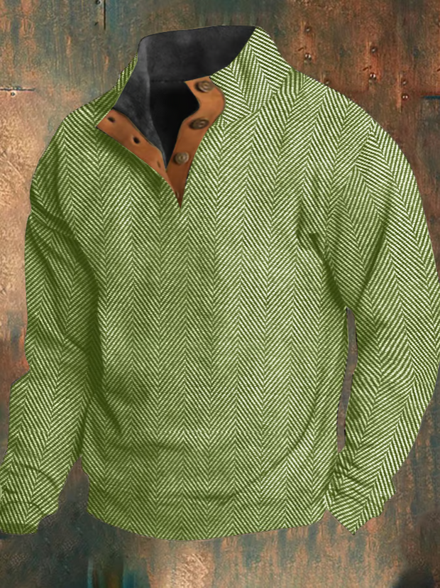 Vintage Herringbone Print Collar Button Sweatshirt