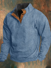Vintage Herringbone Print Collar Button Sweatshirt