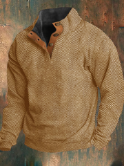 Vintage Herringbone Print Collar Button Sweatshirt