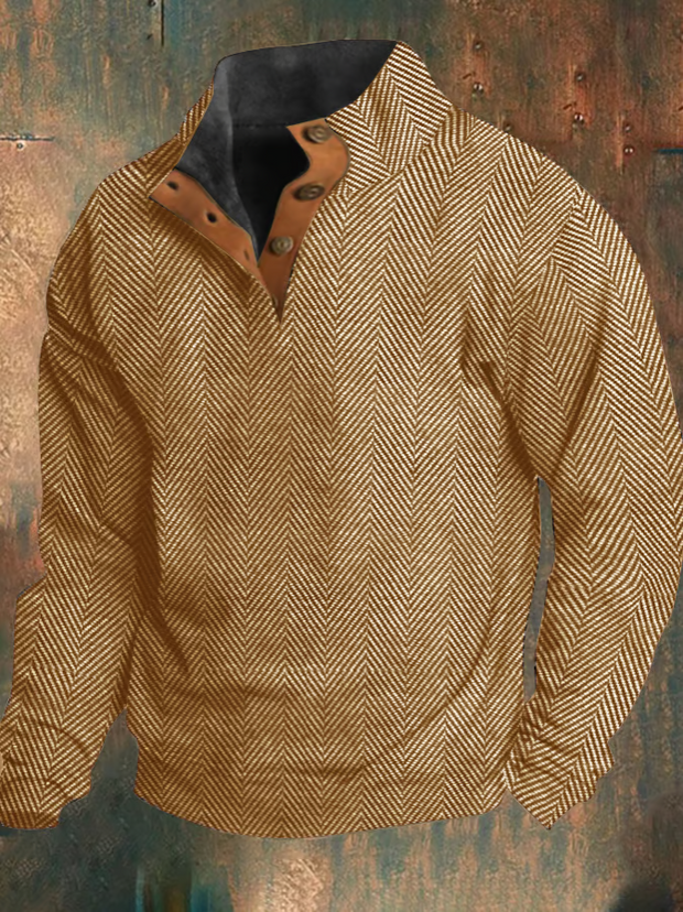 Vintage Herringbone Print Collar Button Sweatshirt
