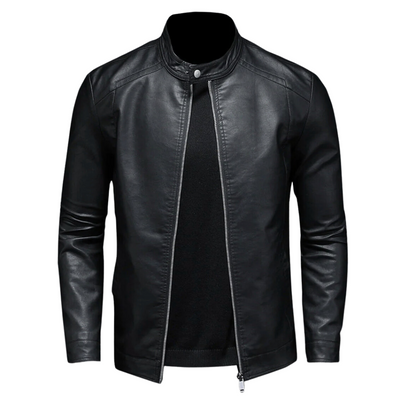 Ernst ™ | Classic Black Leather Biker Jacket with Snap Collar For Men