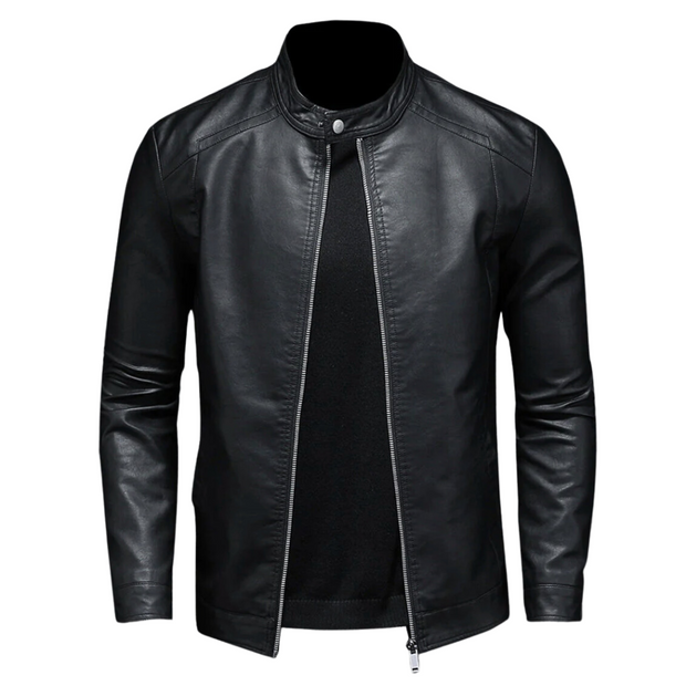 Ernst ™ | Classic Black Leather Biker Jacket with Snap Collar For Men