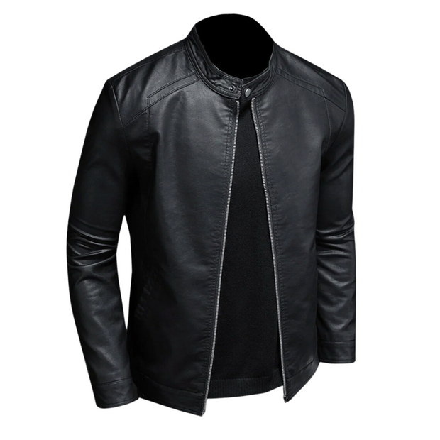 Ernst ™ | Classic Black Leather Biker Jacket with Snap Collar For Men