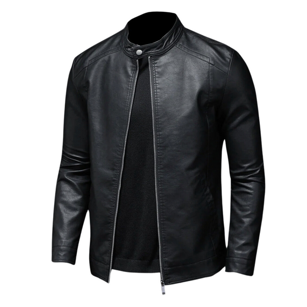 Ernst ™ | Classic Black Leather Biker Jacket with Snap Collar For Men